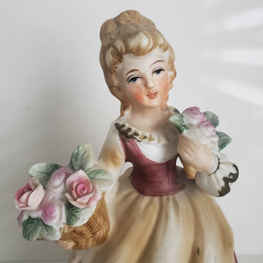 RARE 1970s Porcelain Southern Belle Figurine Lady Country Western Roses Bouquet